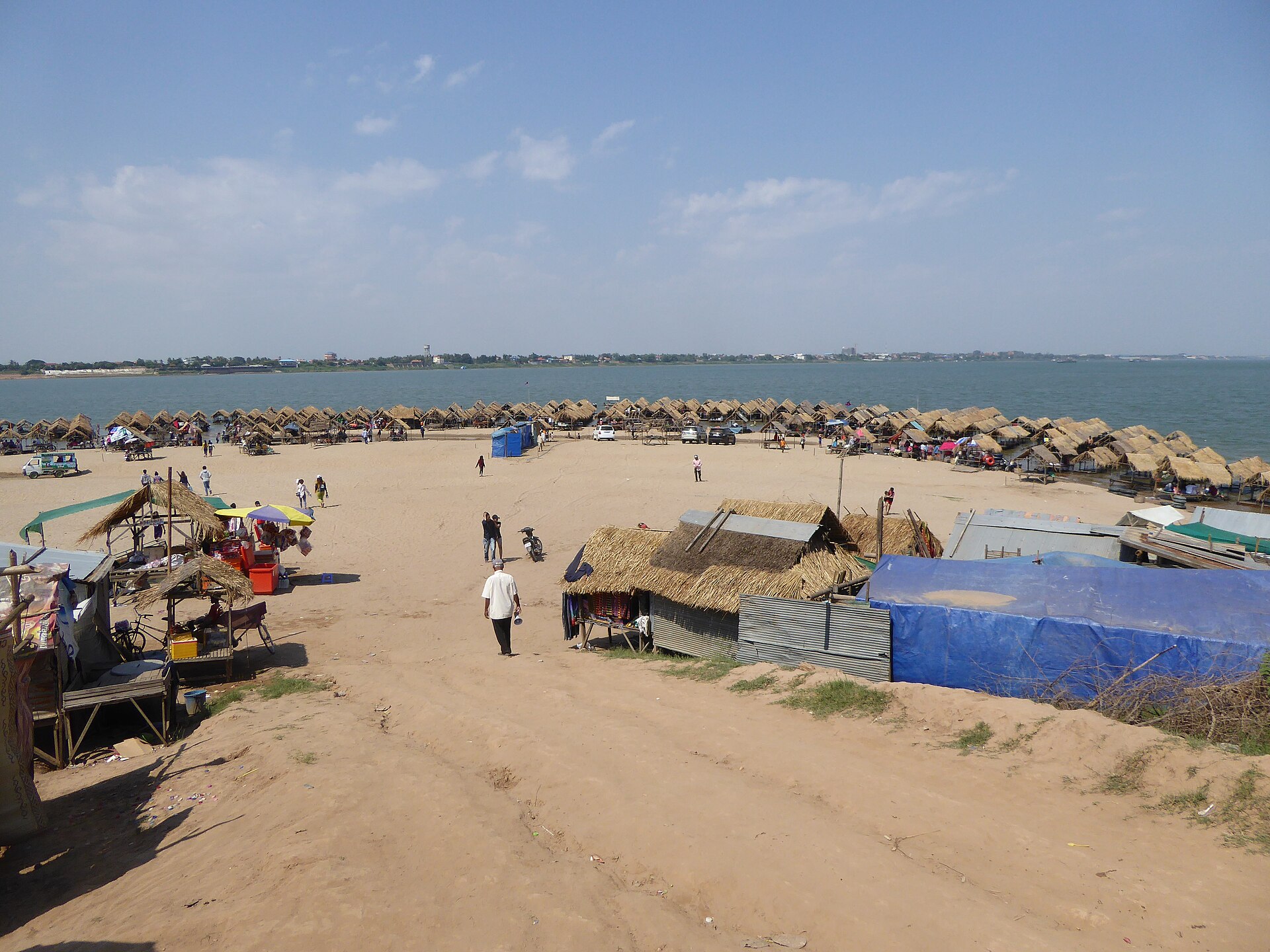 Riverbank and thatched shelters on Koh Dach near Phnom Penh