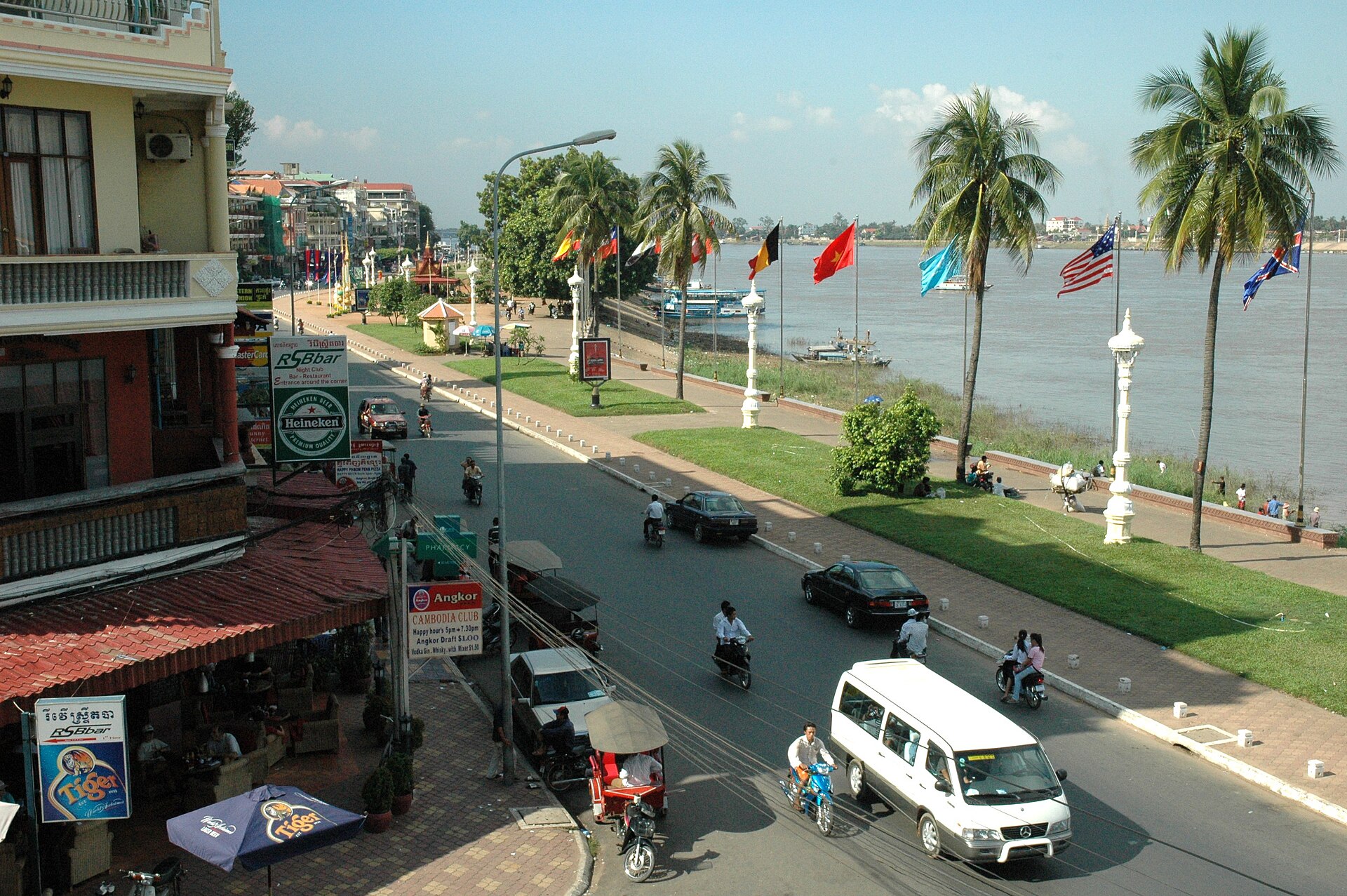 Archive view of Sisowath Quay and the Tonle Sap riverfront in Phnom Penh
