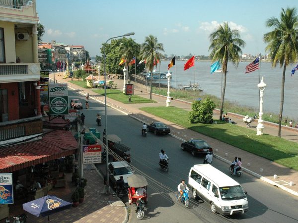 Archive view of Sisowath Quay and the Tonle Sap riverfront in Phnom Penh